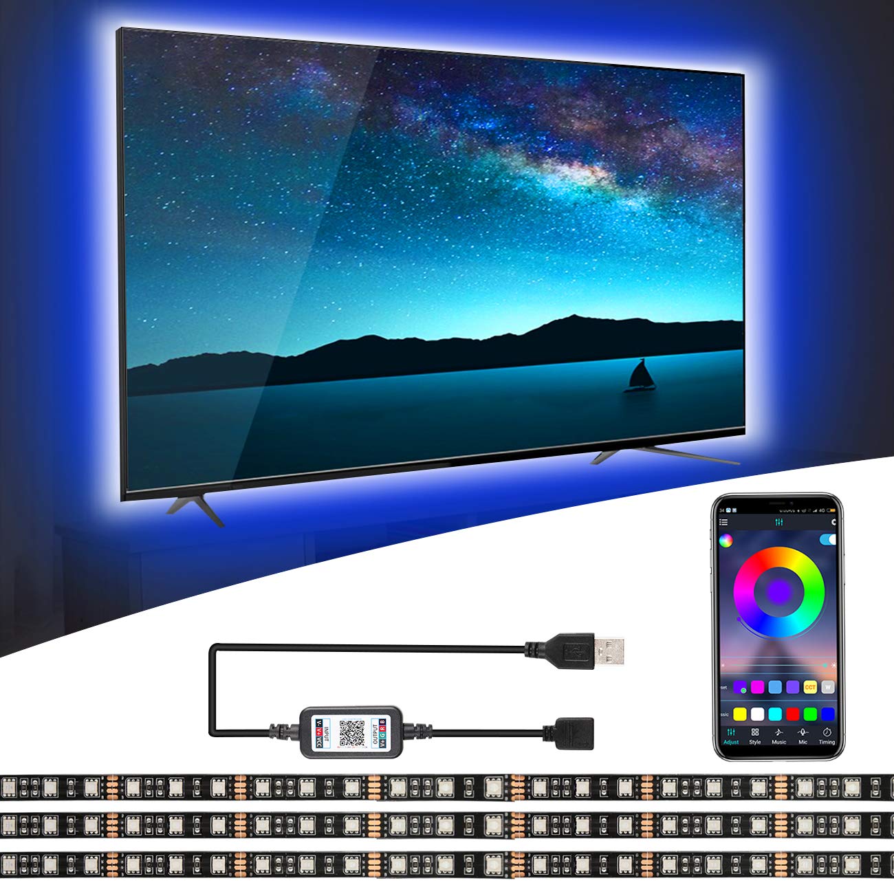 LED TV Hintergrundbeleuchtung,2M USB LED RGB Fernseher Beleuchtung mit Bluetooth APP,TV LED Beleuchtung,LED Strip Musik Lichtband,LED Streifen,für 40-60 Zoll HDTV,PC Bildschirm,Spieltisch,Spiegel usw.
