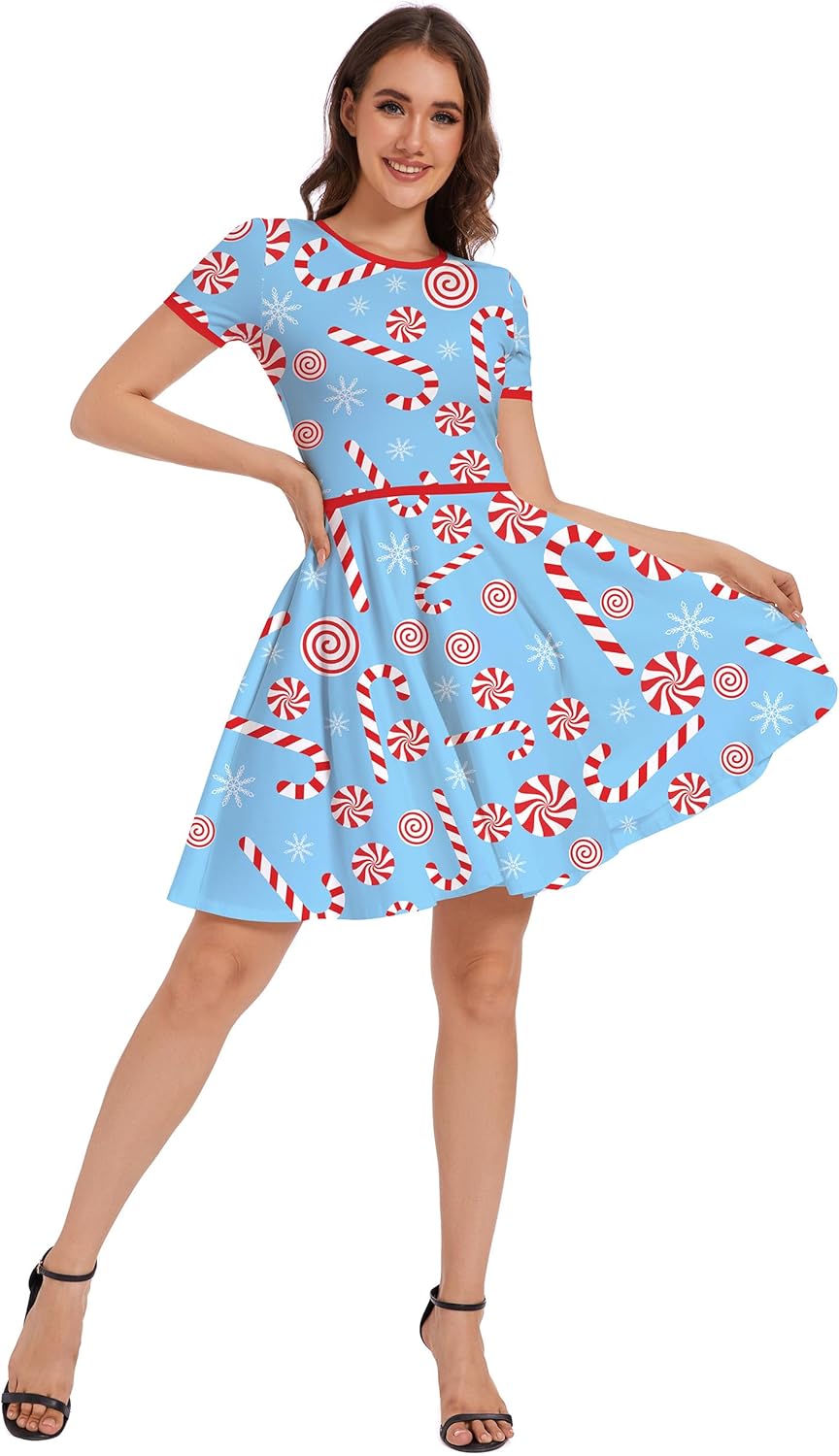 Ainuno Ugly Christmas Dress for Women Red Green Print Holiday Dresses for Xmas