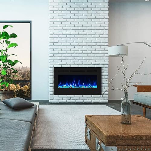 Miniatura 6 de Chimenea eléctrica de 30 pulgadas, calentador de chimenea empotrado y de pared, inserto de chimenea silencioso y lineal con color de llama ajustable