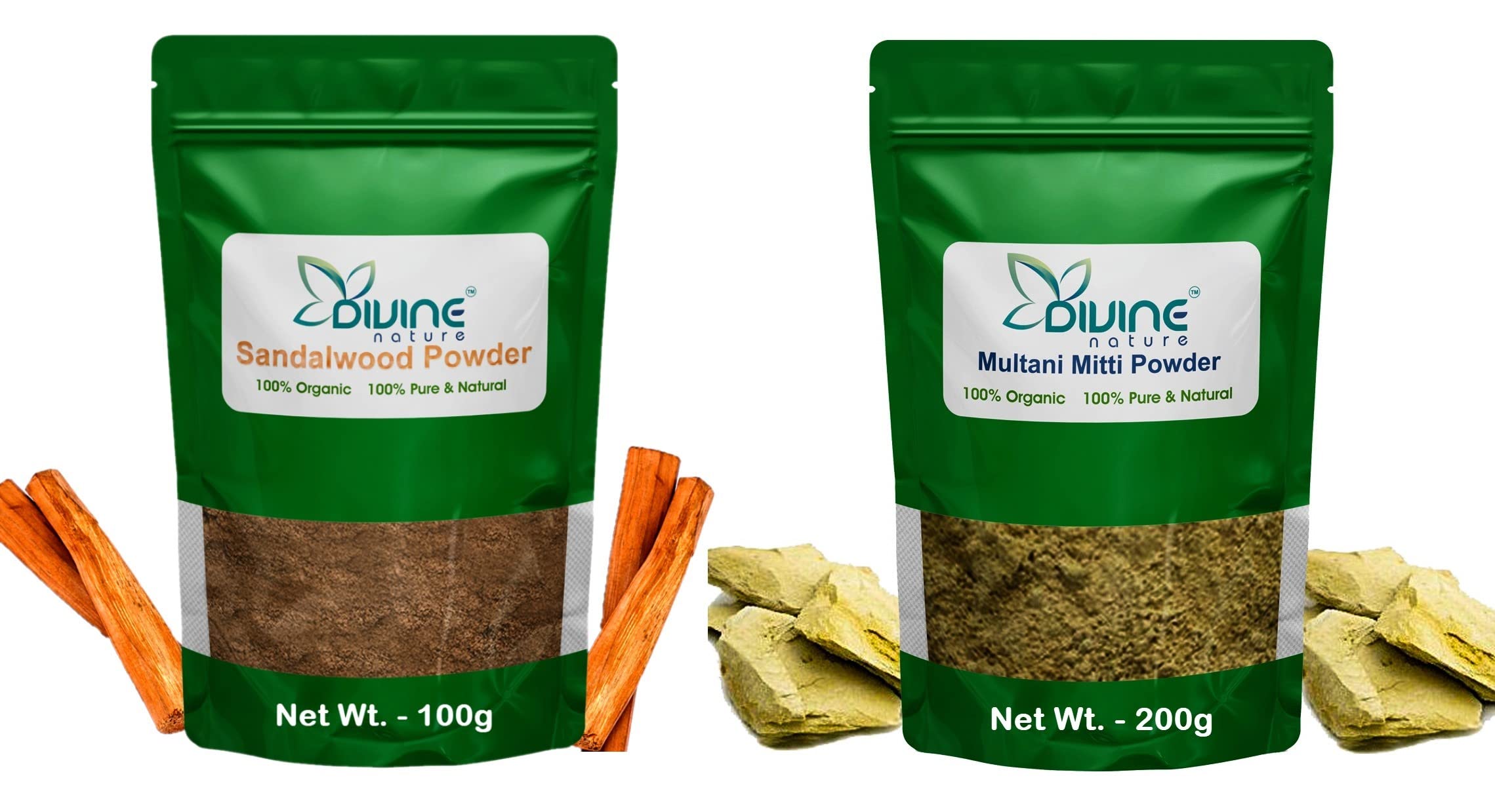 Divine Nature Pure Sandalwood Powder for face pack And Natural Multani Mitti Powder for Face Pack Fuller's Earth, Bentonite Clay - 300 gm