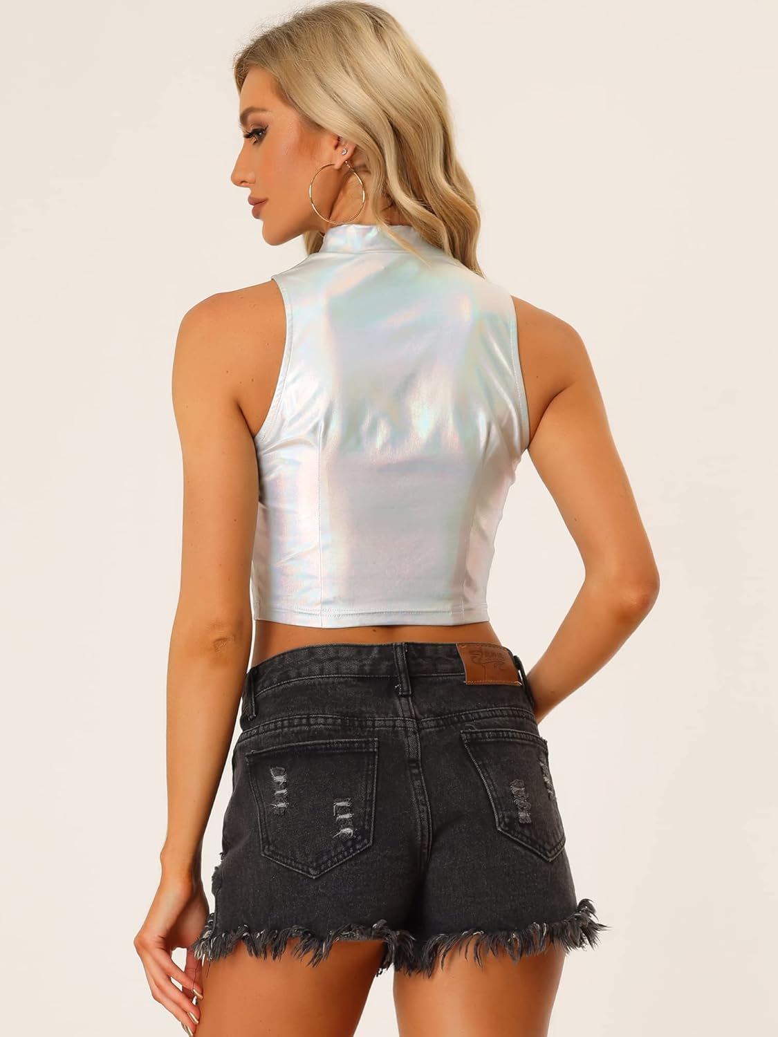 Allegra K Metallic Crop Tops for Women's Mock Neck Zip Up Sleeveless Shiny Holographic Tank Top - Image 2