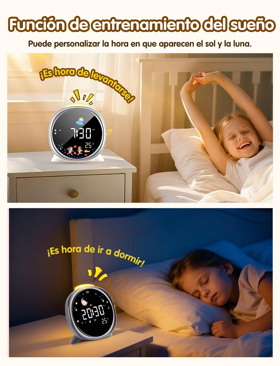 LIORQUE Despertador Infantil con luz Nocturna, Reloj Despertador Niños con Entrenamiento del Sueño, Alarmas Duales y Función Snooze, Modo Fin de Semana y Visualización de Temperatura