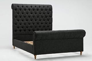 Manhattan Comfort Empire Upholstered Bed Frame, Fully Padded, Tall Button Tufted Headboard, Diamond Stitching, Birch Wood Frame, No Box Spring Needed, Slats Included, Full, Charcoal