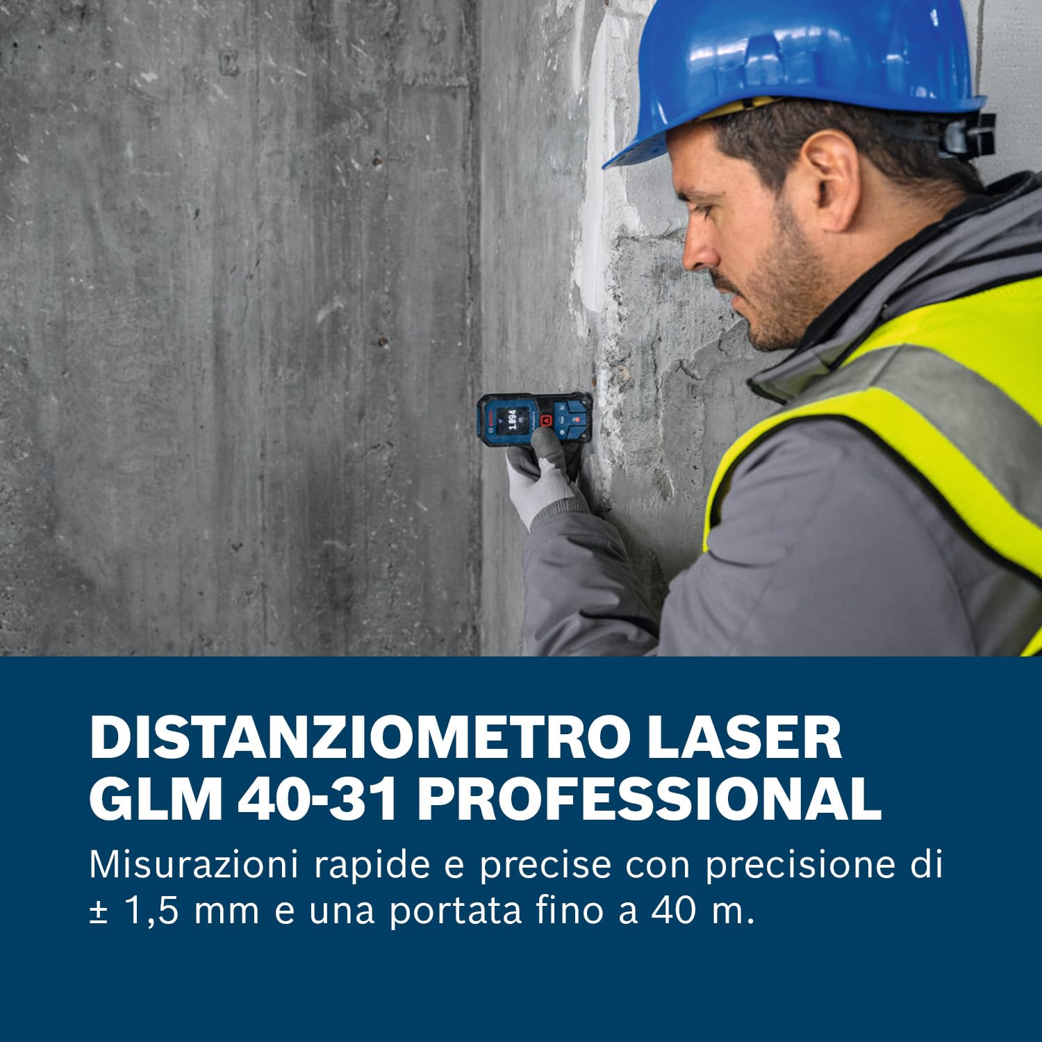 Bosch Professional Distanziometro laser GLM 40-31 (P65, carcassa antiurto, calcoli automatici per lunghezza/superficie/volume, display a colori luminoso, compatibile con batterie agli ioni di litio)