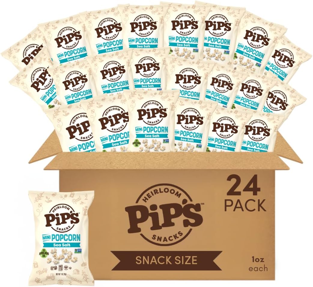 Pip’s Heirloom Sea Salt Mini Popcorn – 1 oz Bags (24 pk) – Individually Wrapped Snack Packs Made With Heirloom Corn & Avocado Oil – Perfectly Salty, Seed Oil Free, Gluten Free, Non-GMO, Vegan