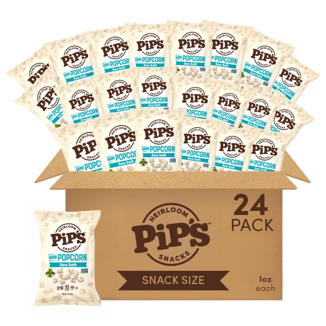 Pipcorn Mini Heirloom - Sea Salt,1oz 24pk - Healthy Snacks, Gluten Free Snacks, Snack Packs, Heirloom Corn, Salty Snacks