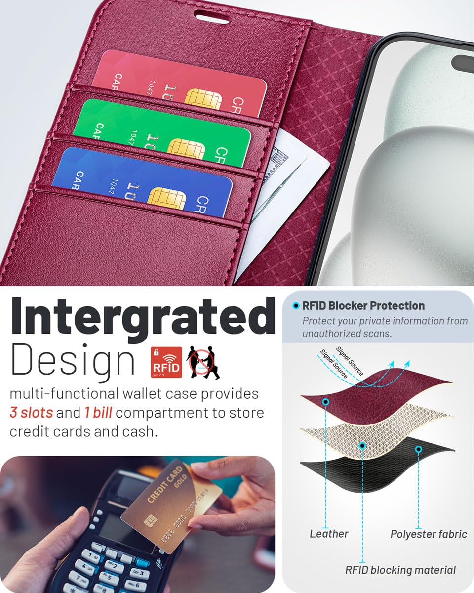 OCASE for iPhone 16 Pro Case, PU Leather Wallet, Magnetic Flip Folio Cover with RFID Blocking, Card Holders, Shockproof TPU - Image 3
