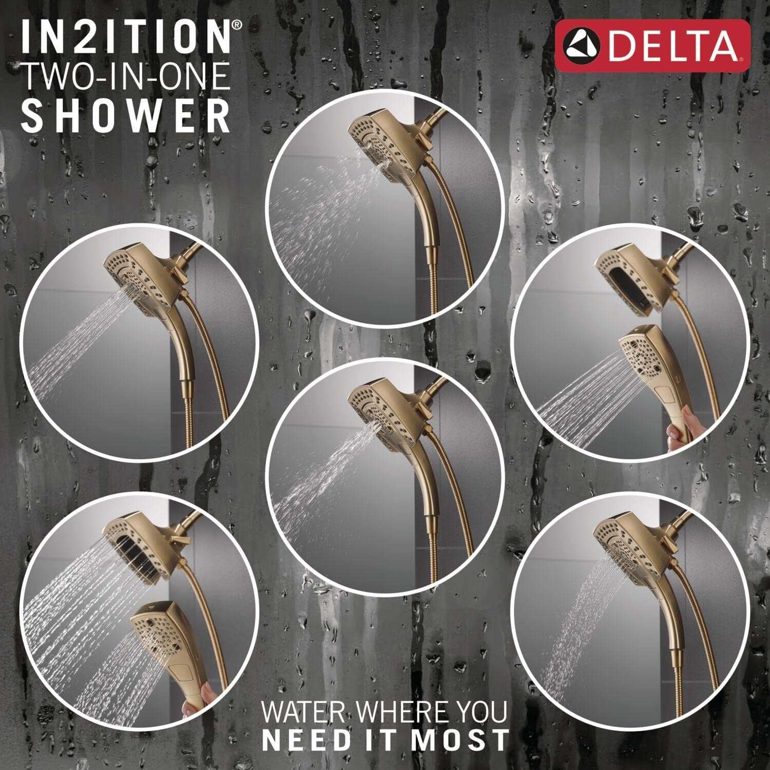 Delta Faucet 5-Spray In2ition Dual Shower Head with HandHeld Spray, H2Okinetic Gold Shower Head with Hose, Showerheads, Magnetic Docking, Lumicoat Champagne Bronze 58474-CZ-PR
