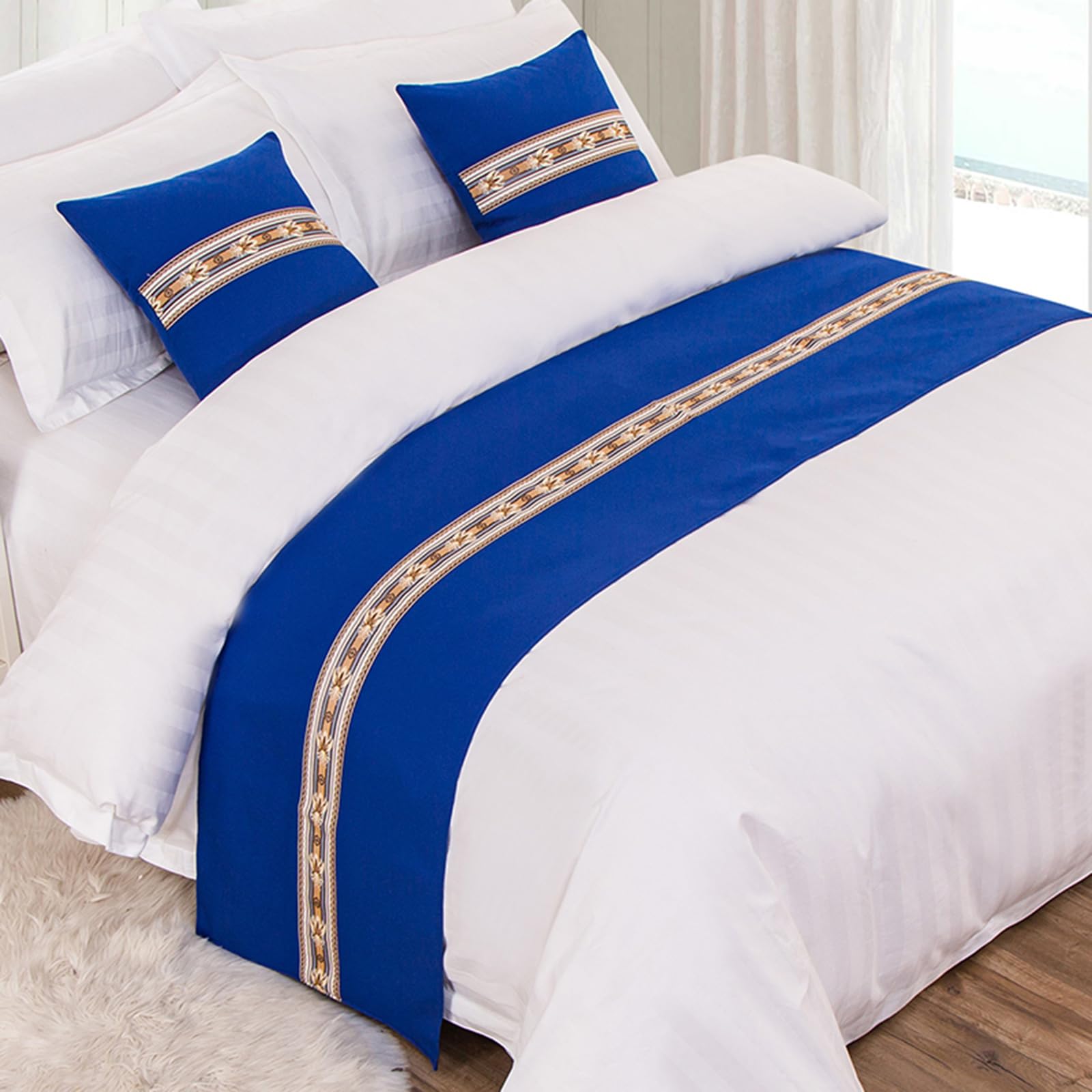 QRGMKL Graphic Print Bed Runners King Size, Luxury Bed Scarf Double Bedspread for Bedroom Hotel Home Decoration-Blue||210X50cm for 1.5m Bed