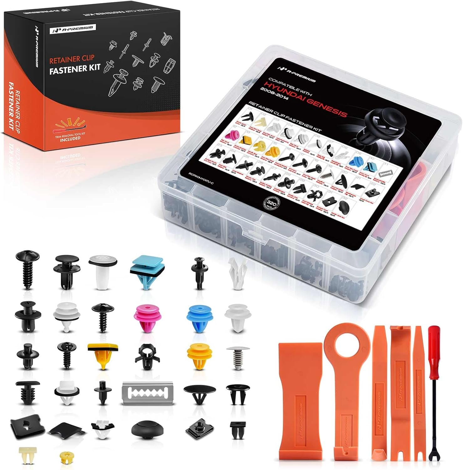 A-Premium 320PCS (32 Sizes/53 oz) Bumper Fender Retainer Clips Kit - Compatible with Hyundai Genesis 2008-2014 - Hood Door Trim Panel Push Pin Plastic Nylon Rivet Fastener Set, w/Removal Tool