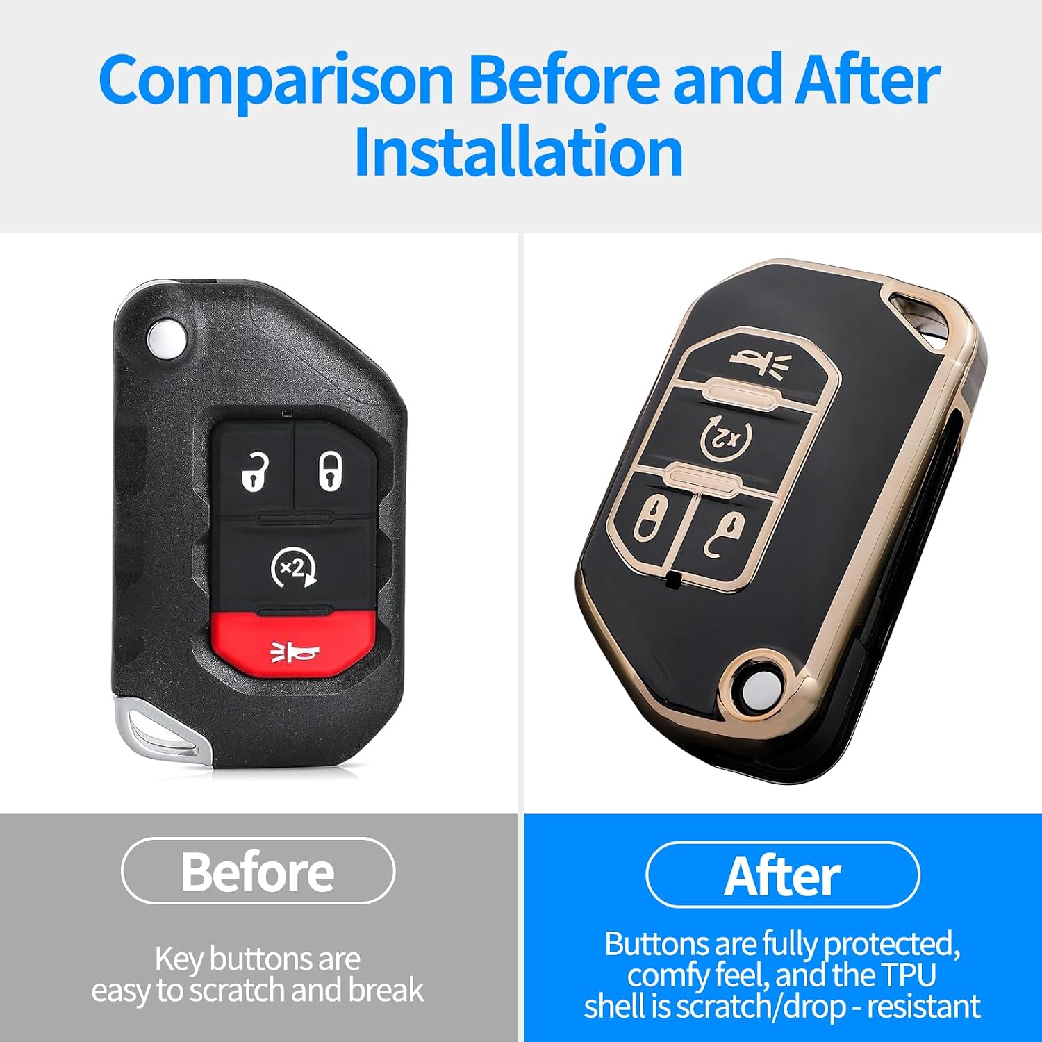 for Jeep Key Fob Cover with Leather Keychain, TPU Key Case Compatible with 2018-2025 2026 Jeep Wrangler JL JLU JT Gladiator Rubicon Sahara Accessories, 4 Buttons Smart Remote Car Key Protector