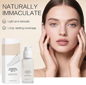 Color Changing Foundation for Mature Skin, 2026 Upgrade 2-In-1 Hydrating Lightweight SPF 15 Liquid Foundations, Long Wear Makeup Concealer Foundation, Natural Glace for All Skin Tones ,3