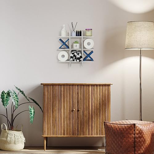 Miniatura 6 de Weysat Soporte de papel higiénico de Tic Tac Toe para decoración de pared de baño, almacenamiento colgante de madera rústica, estantes