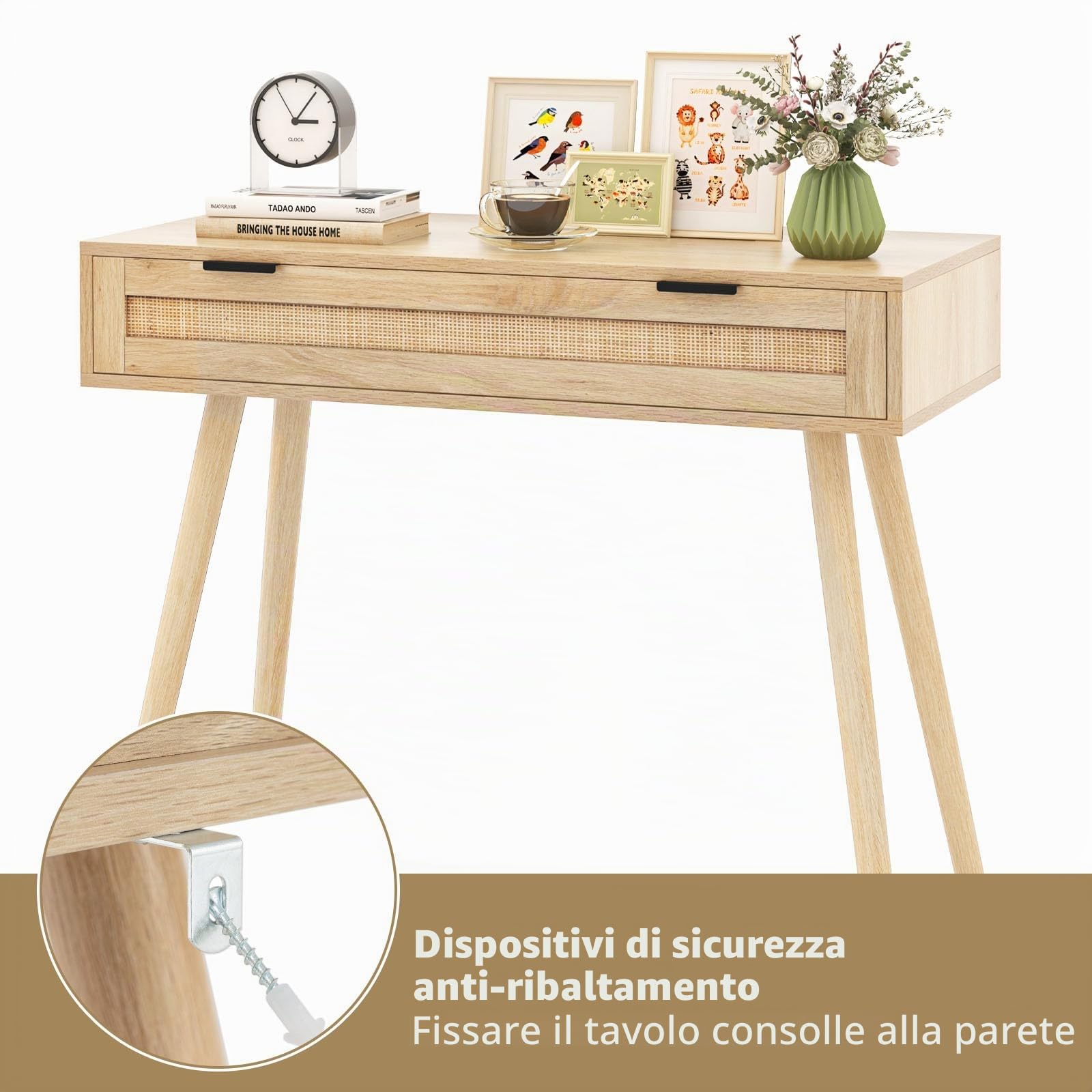 LIFEZEAL Tavolo Consolle con 1 Cassetto, Console in Legno, Mobile Ingresso, con Gambe in Legno Massello, Moderno, Salvaspazio, per Soggiorno, Corridoio, Max 80 kg, 88x40x77 cm, Naturale