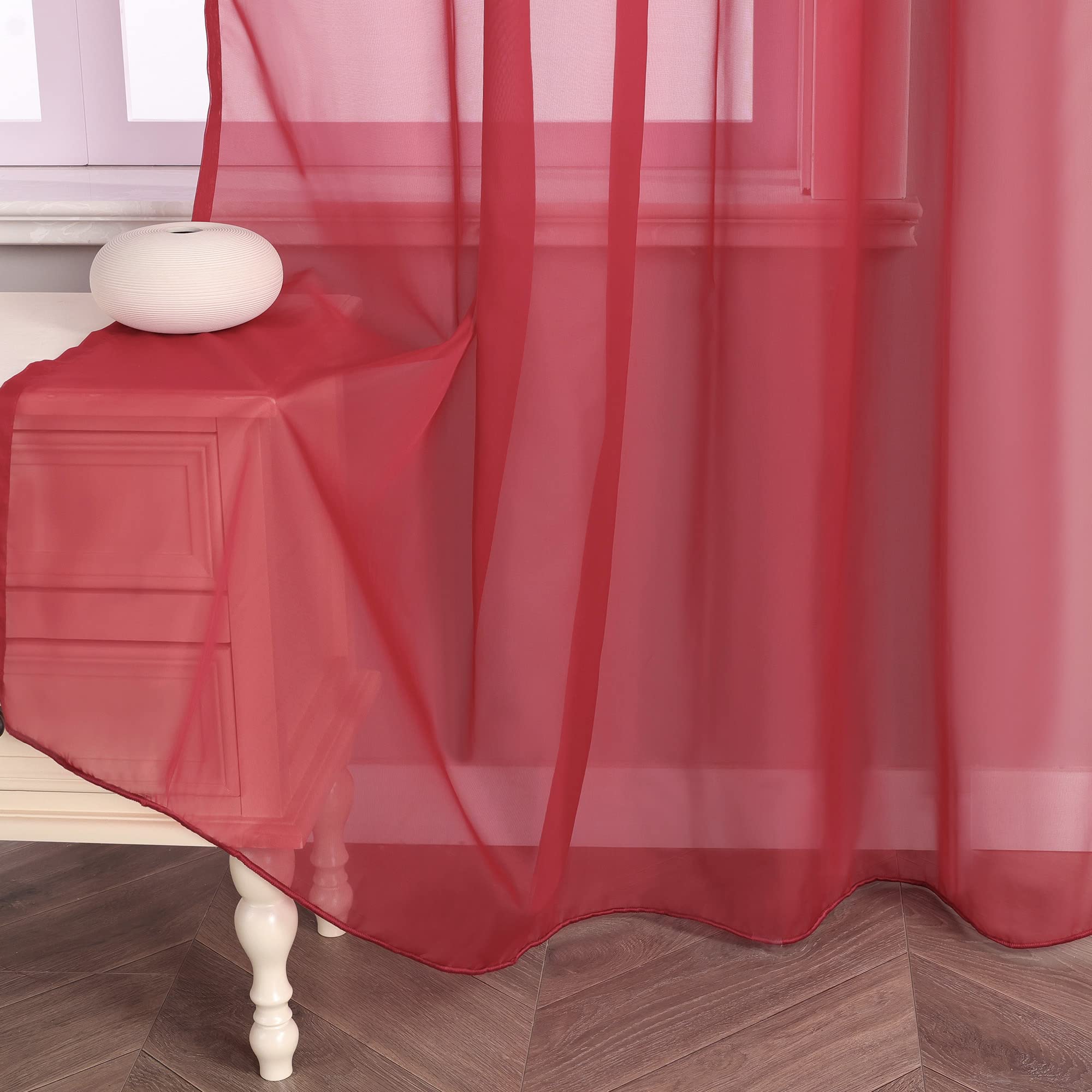 HongYa 1 Piece Plain Net Curtain with Ruffle Tape Easy Installation Transparent Decoration for Living Room Bedroom Window Simple and Natural Burgundy H 245/145 cm - Image 3