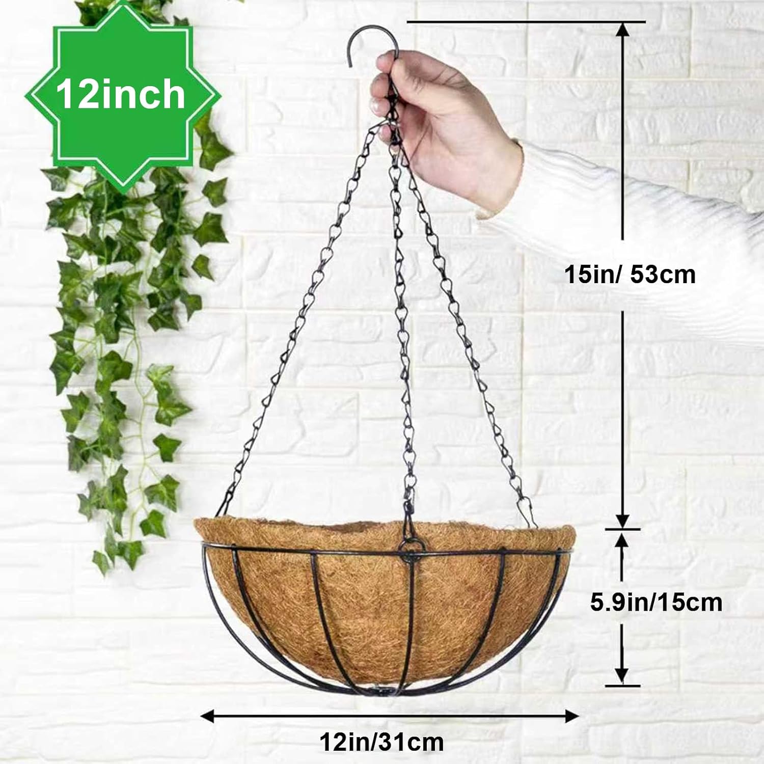 GXF Hanging Planter Baskets, 3 Packs 12 Inch Metal Hanging Baskets with Coconut Coir Liner and Black Chain for Porch Pot Hanger Garden Decoration Indoor Outdoor Plant Flower Pot