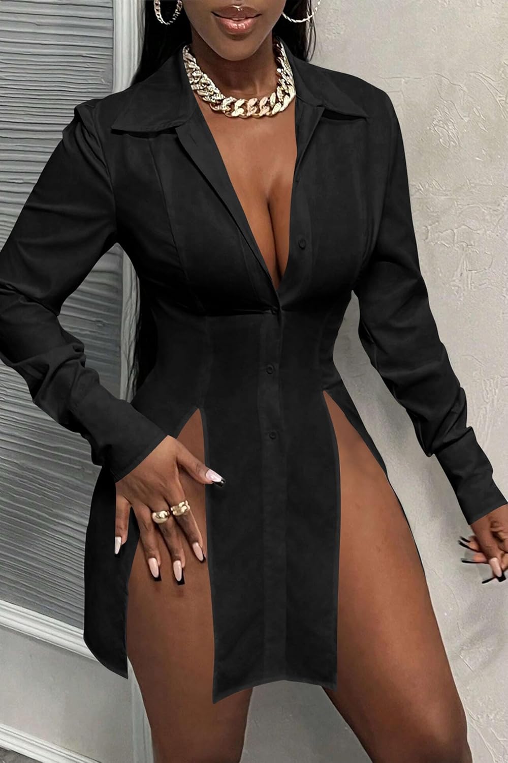 Womens Shirt Dress Button Down Long Sleeve Collar V Neck Sexy Slit Casual Loose Blouses Tops Mini Dresses for Women - Image 8