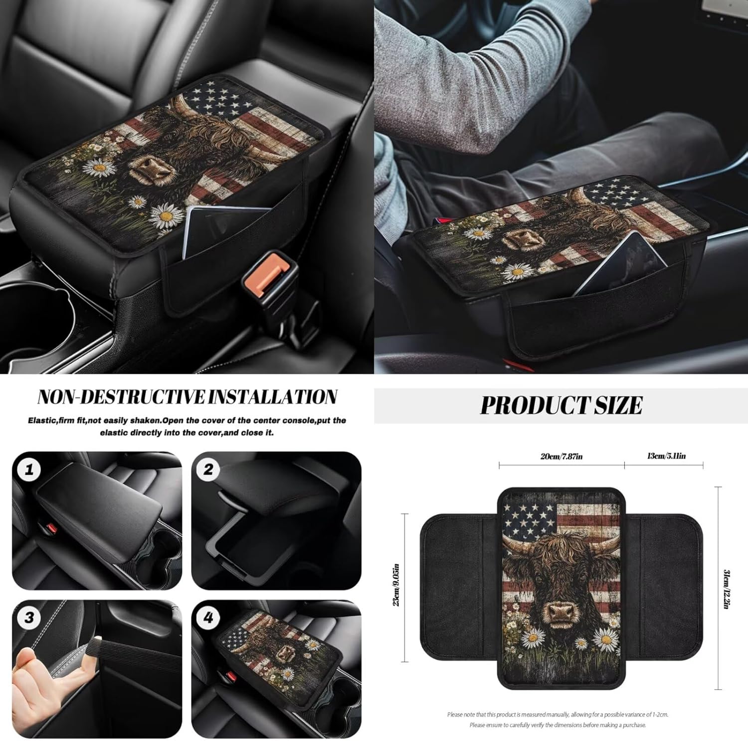 Wanyint Highland Cow US Flag Car Seat Cover Full Set 14 PCS, Steering Wheel Seat Belt Rear View Mirror Cover Coaster Trash Can Center Console Gear Shift Knob Cover Set Universal Fit