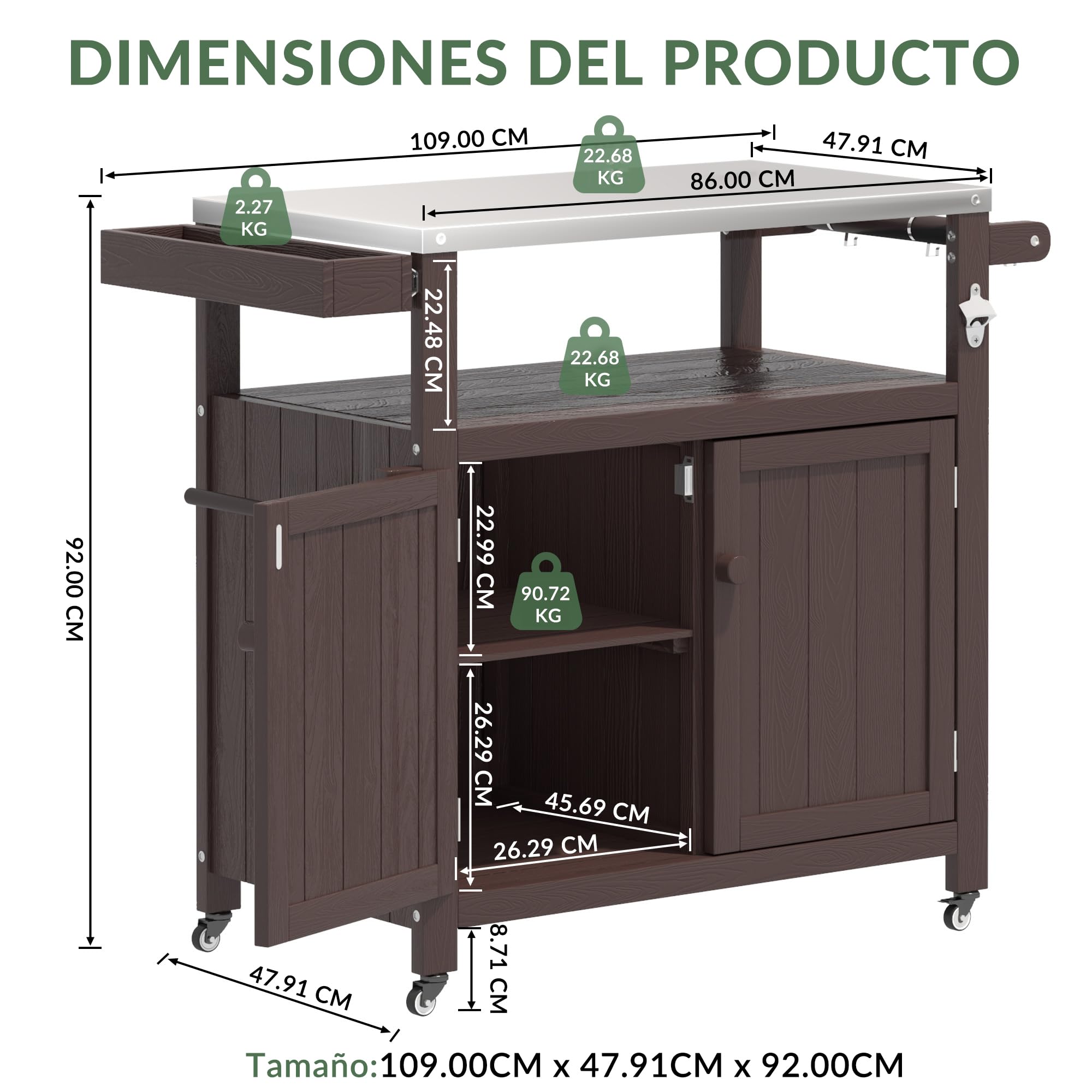 Carrito de Parrilla para Exteriores con Cubierta de Acero Inoxidable, Carrito de jardín Hips Resistente a la Intemperie, Isla de Cocina portátil con Ruedas, Ganchos y Estante Lateral