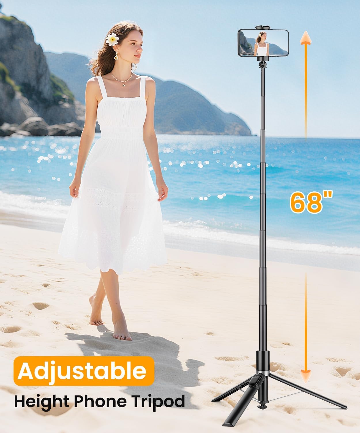 68" Phone Tripod & Selfie Stick with Remote and Fill Light, Auto Open Cell Phone Tripod Stand, Extendable Phone Stand for Video Recording, Travel, Vlogging, Compatible with iPhone/Android, Black