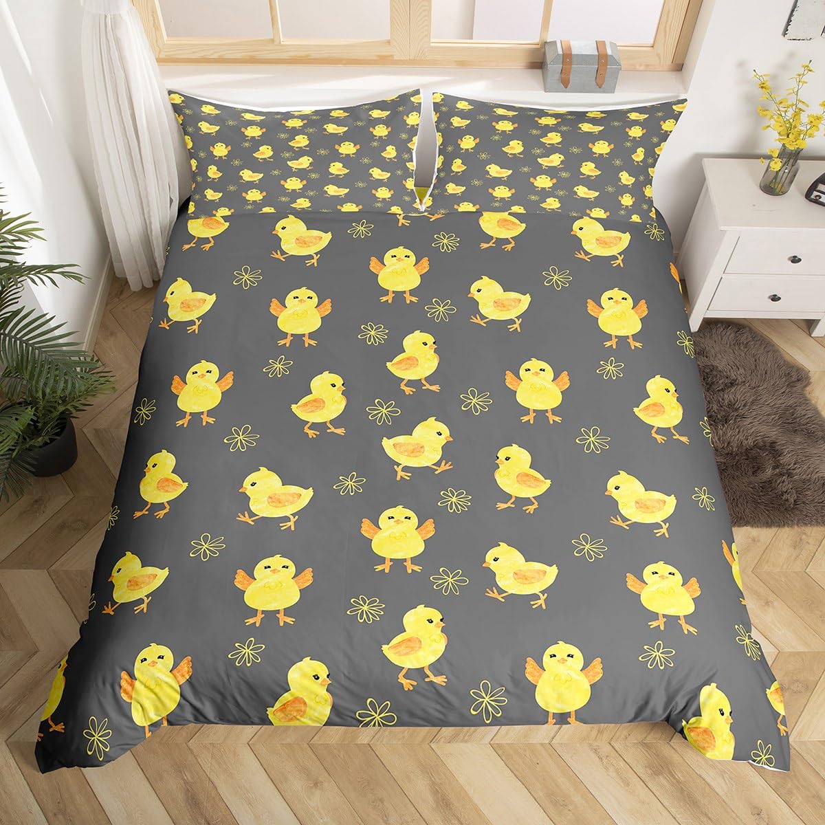 Cute Chicken Bedding Set for Kids Boys Girls Farmhouse Animal Comforter Cover Set Sunflower Floral Duvet Cover Yellow Gray Farm Chick Bedroom Decor Bedspread Cover Bedding Collection 3Pcs Super King