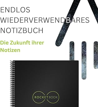 Rocketbook Core Reusable Spiral Notebook, Executive Size 6x8.8, Black - Dotted Pages, App-Connected, Erasable, Durable Cover, Ideal for School, Work, and Creative Projects