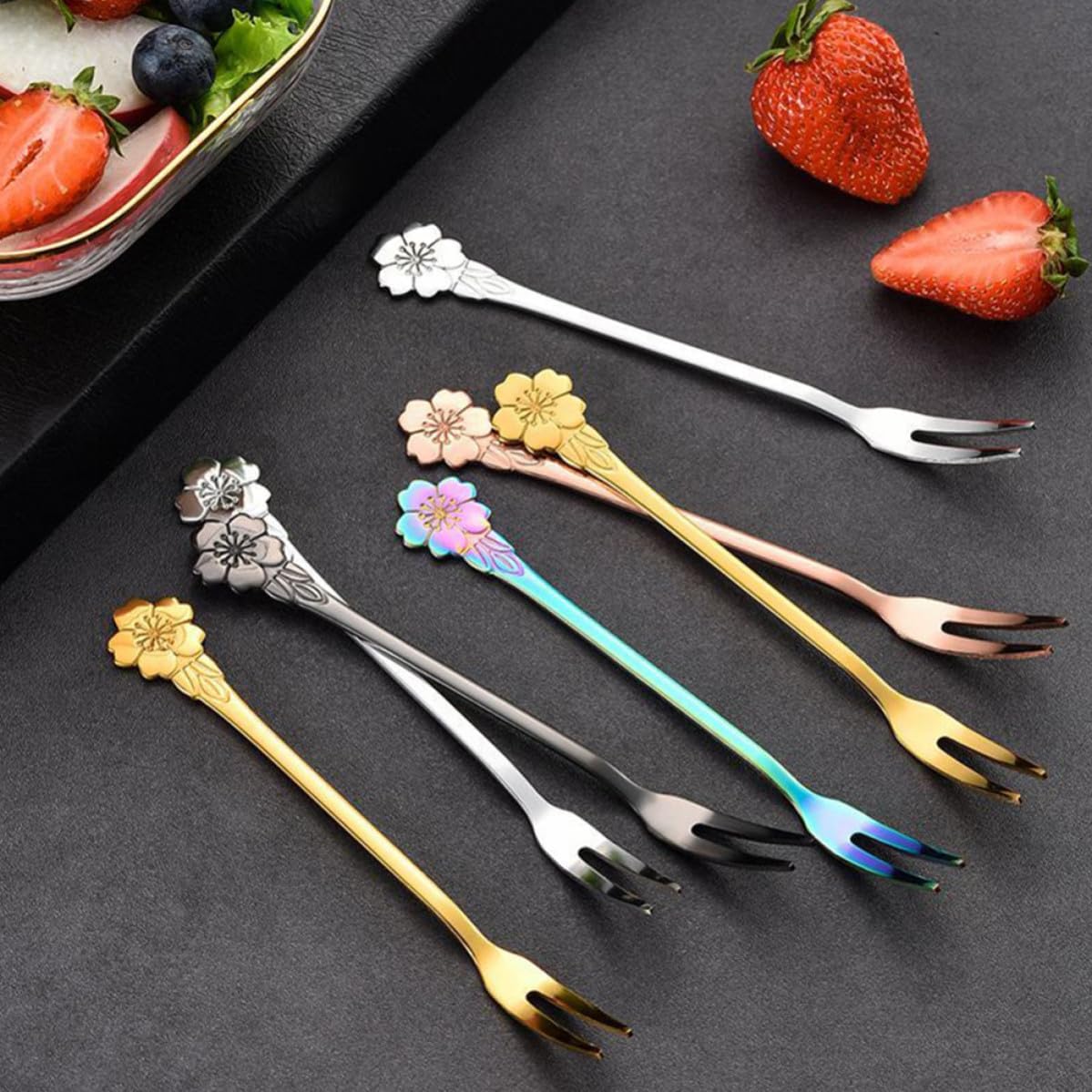 Cherry Blossom Fruit Forks 10pcs Two Tine Stainless Steel for Tasting