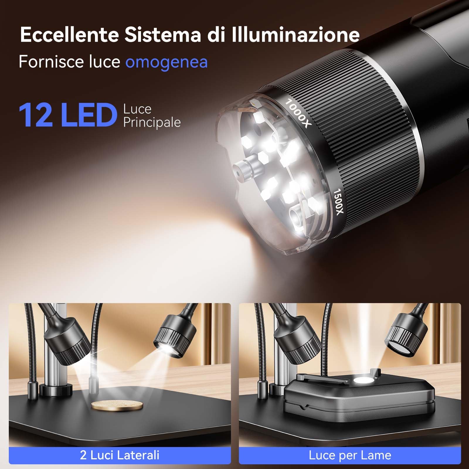 TOMLOV TriL107 Microscopio Digitale a 3 Lenti 7" 2K IPS, 2500X Ingrandimento per Monete e 14 LED, Microscopio di Saldatura con Supporto da 12,6" per Adulti, Compatibile con PC/TV, 64GB