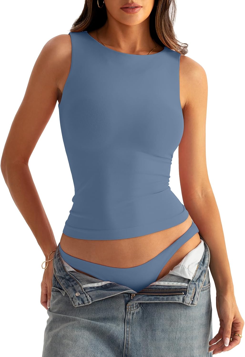 Eachyes Womens Boat Neck Seamless Tank Tops Sleeveless Double Layering Shirts Basic Going Out Tops Summer Outfits