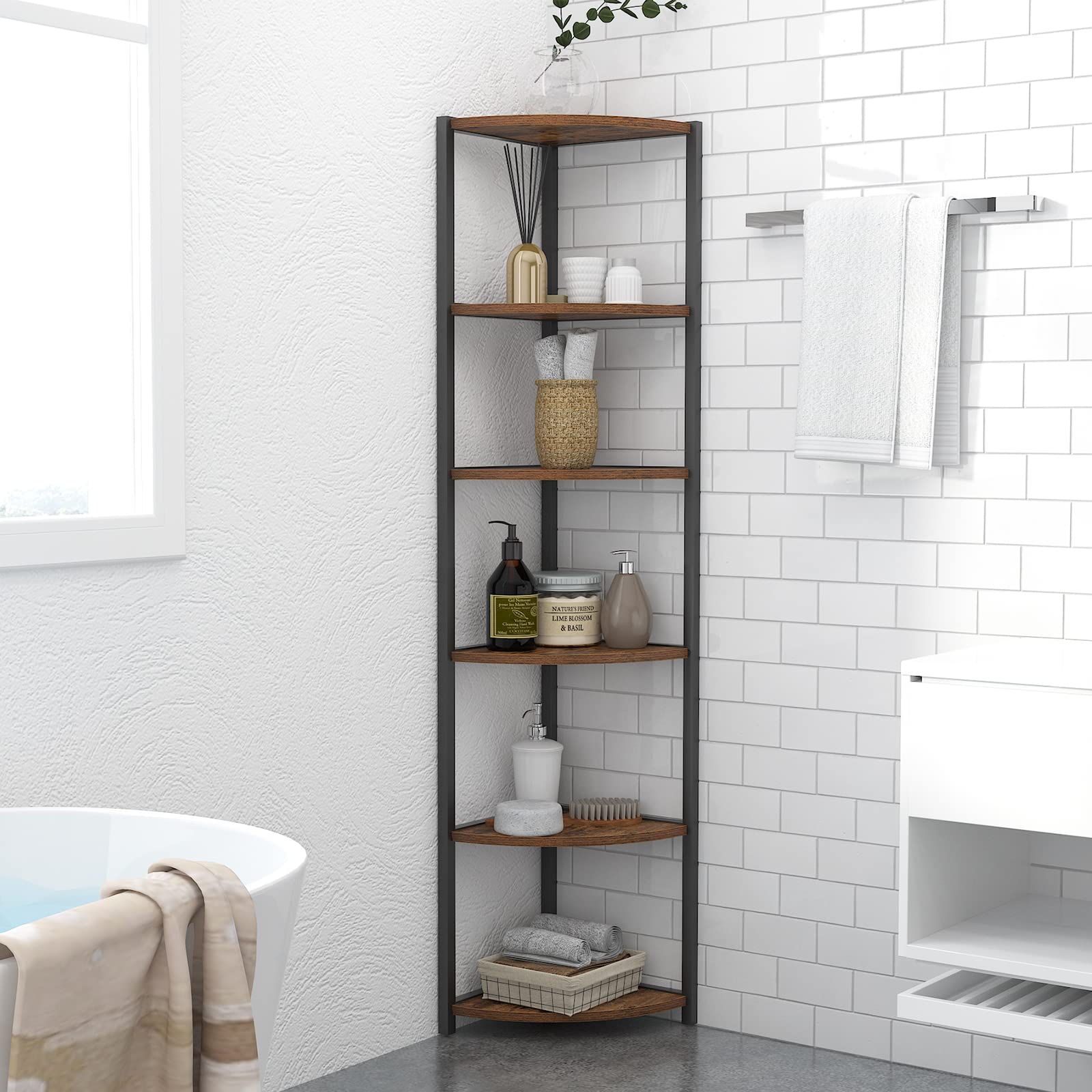 soges Estantería Esquinera de 6 Niveles Estantería de Esquina Independiente con Patas 165 cm de Alto Marco de Metal Soporte para Plantas Expositor de Pared Organizador
