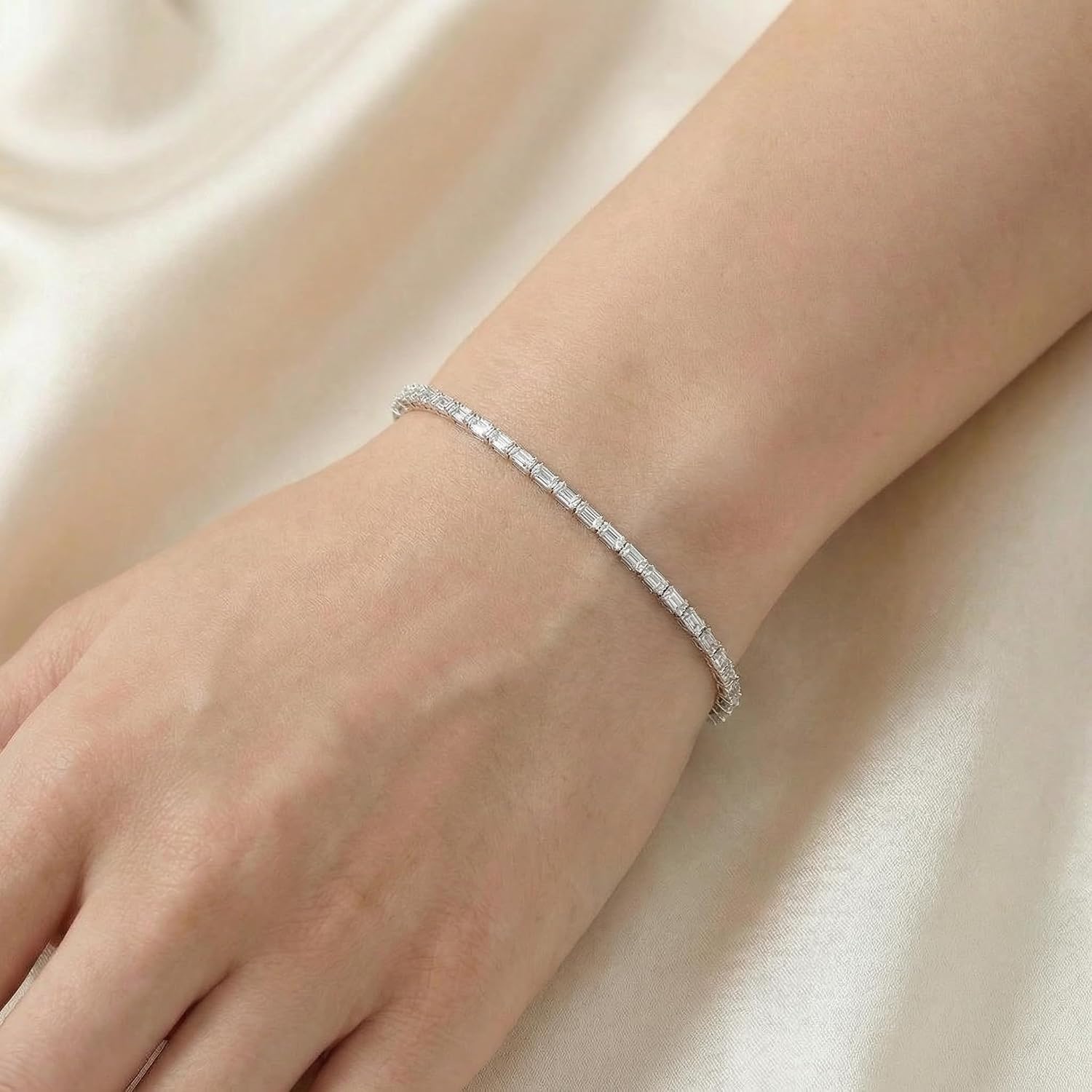 Pompeii 7Ct Emerald Cut Diamond East West Tennis Bracelet 14k White Gold Lab Grown - Size Medium (EF,VS)