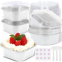 100 Pack White 10oz Mini Cake Pans With Lids, Aluminum Foil Square Brownie Baking Cups,Disposable 4x4 Large Cupcake Pan,Jumbo Muffin Tin Ramekins Holders