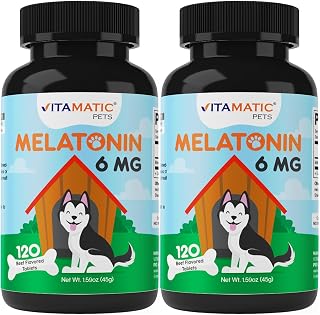 Vitamatic Melatonin for Dogs – 6 mg – 120 Chewable Tablets (Pack of 2) Beef Flavored – Natural Calming Support – Non-Habit Forming – Veterinarian Formulated