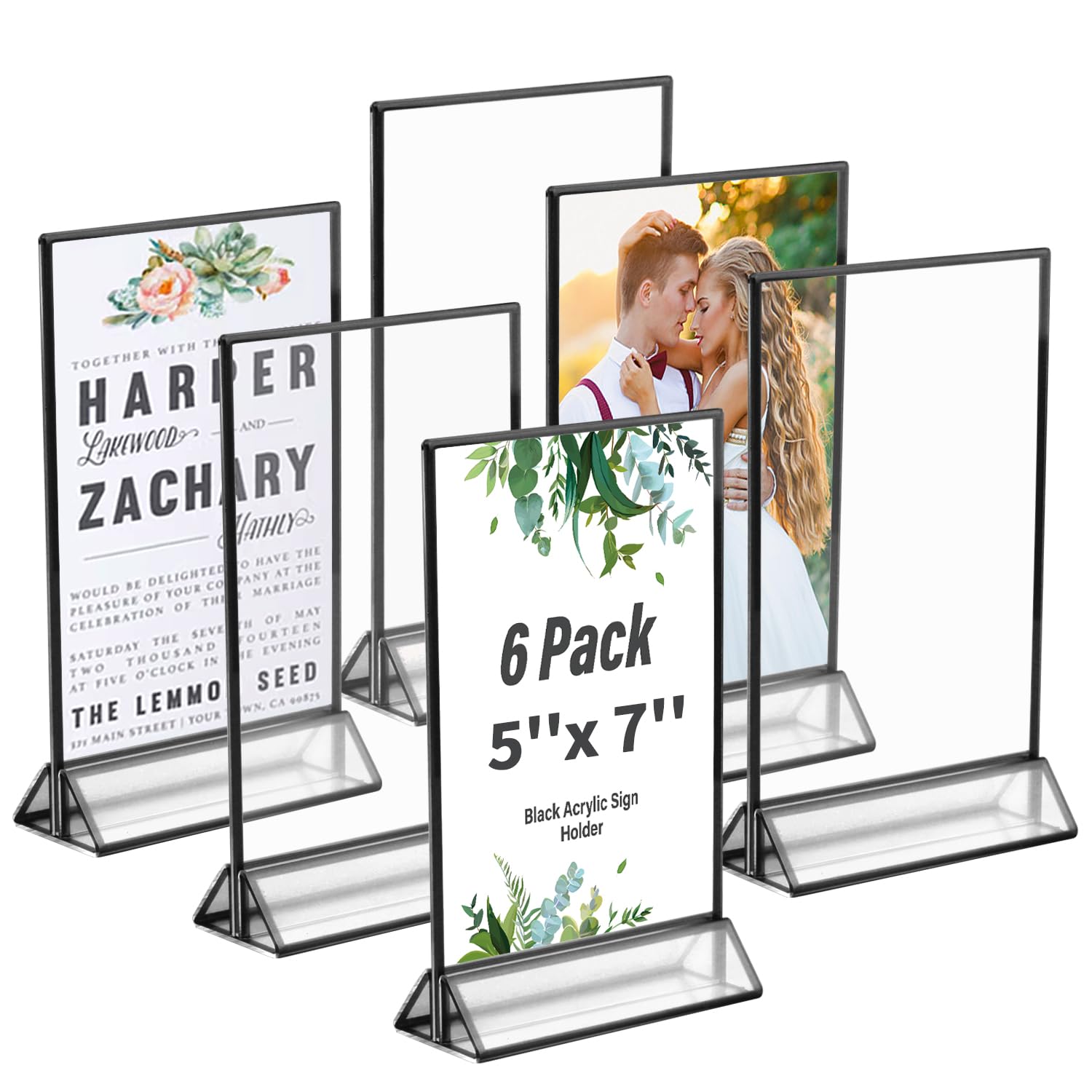 5x7 Inch Acrylic Sign Holder with Gold Borders, 6 Pack Gold Picture Frames for Wedding, Double Sided Table Number Holders Menu Holders, Acrylic Stands for Display, Restaurant Signs