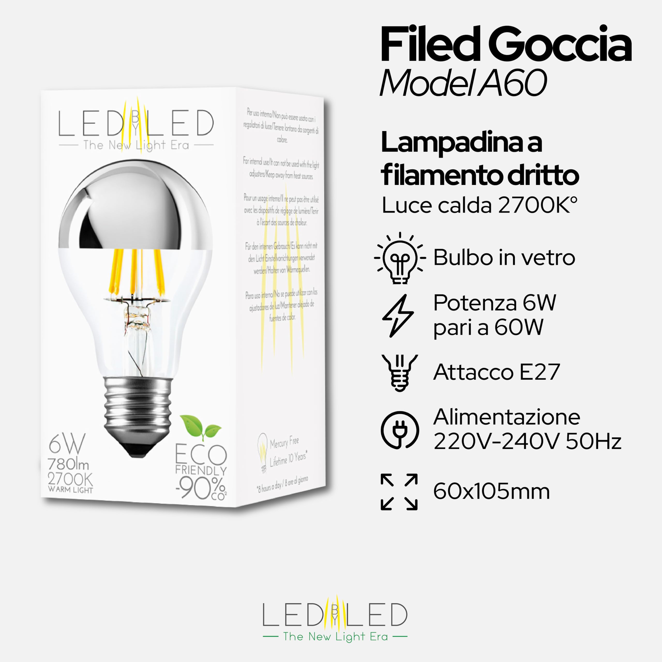 Lampadina Goccia Specchio 6W Pari a 60W, E27, Vetro Mirror-Trasparente Silver Top, 2700K Luce Calda, filamento LED dritto, 780 Lumen, Pack 10 Pezzi