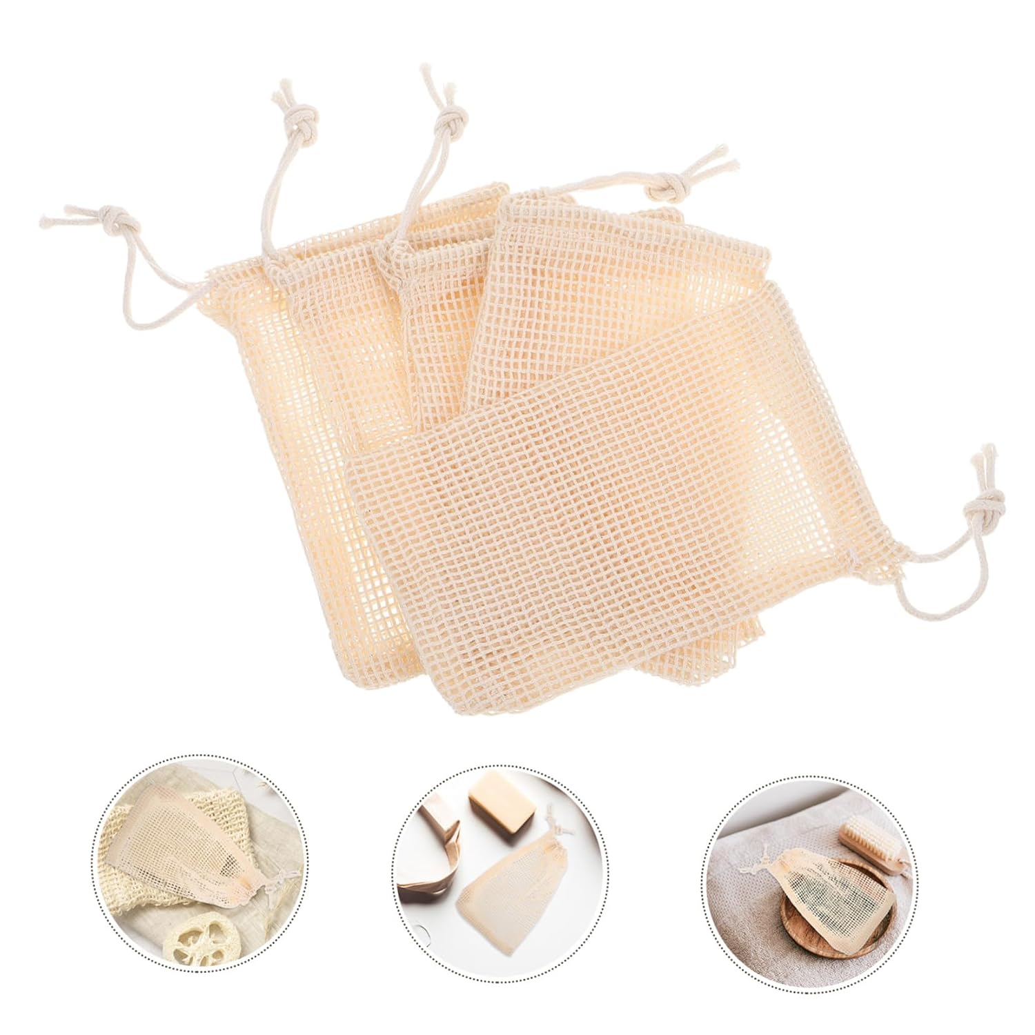 Generic 5Pcs Natural Sisal Soap Pouch Net Exfoliating Mesh Holder for Body Facial Cleansing Drawstring Design for Bath Shower Gentle Skin Beige