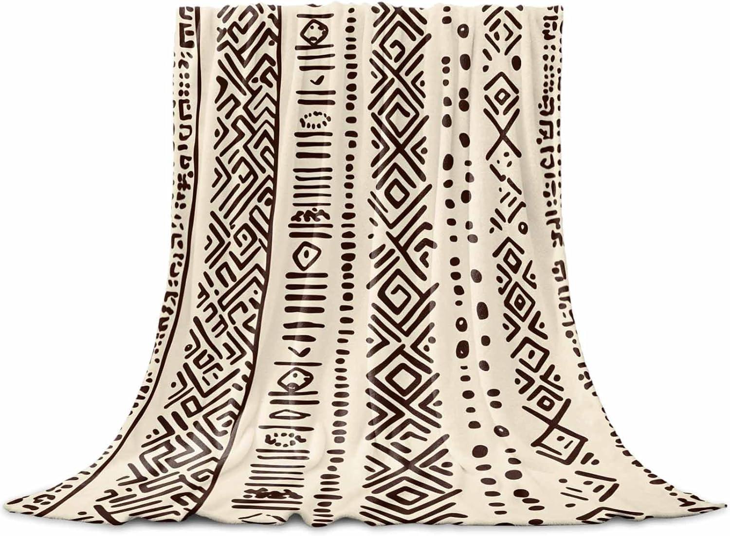Boho Beige Throw Blanket Fleece Blanket for Couch, Vintage Tribe African Texture Soft Microfiber Fuzzy Cozy Lightweight Blankets for Home Bed Sofa All Season 50 x 80 Inch