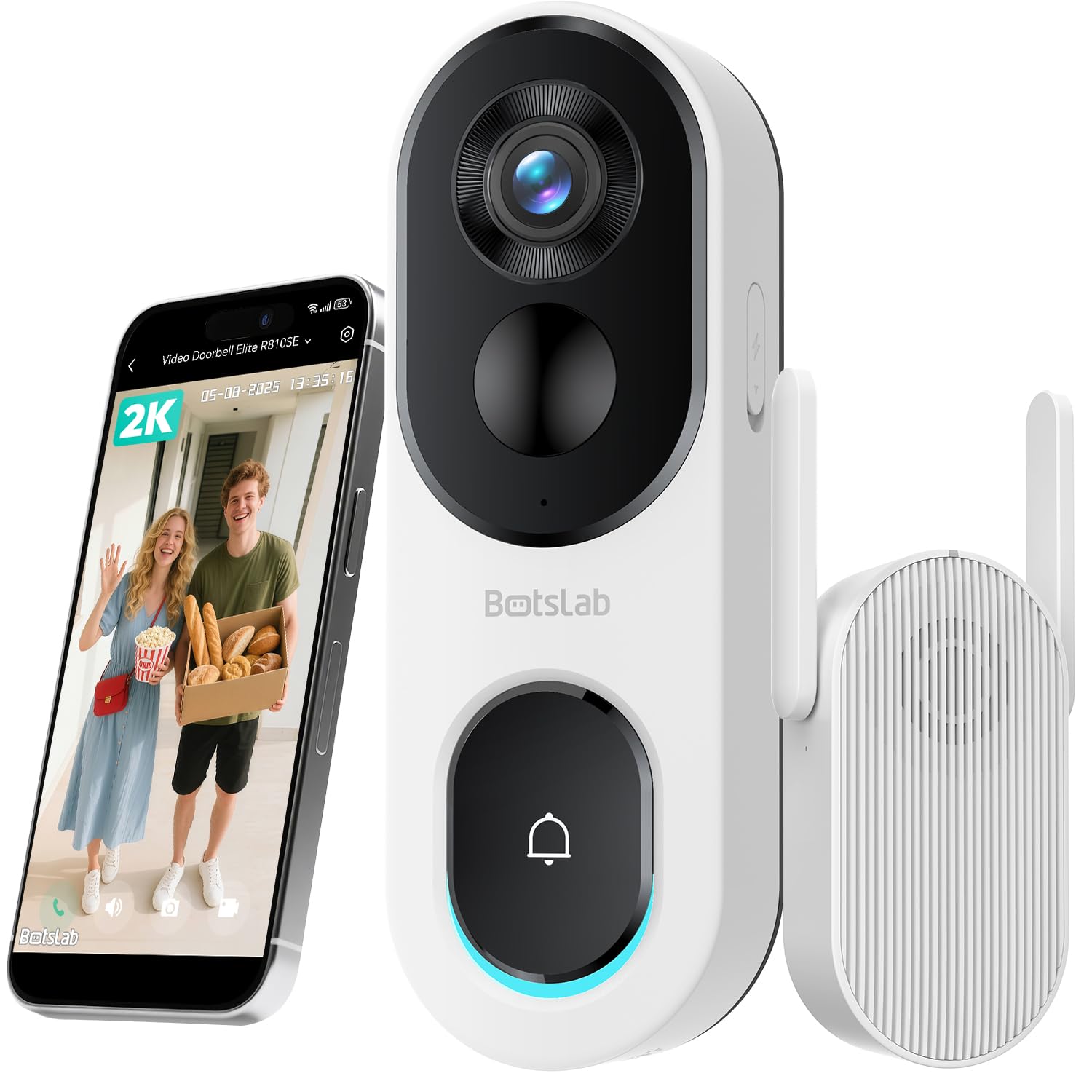 Photo 1 of BOTSLAB 2K Doorbell Camera Wireless with Head-to-Toe View, No Monthly Fee, Video Doorbell with 2-Way Audio, Human Detection, 5200mAh Battery, 2.4Ghz WiFi
