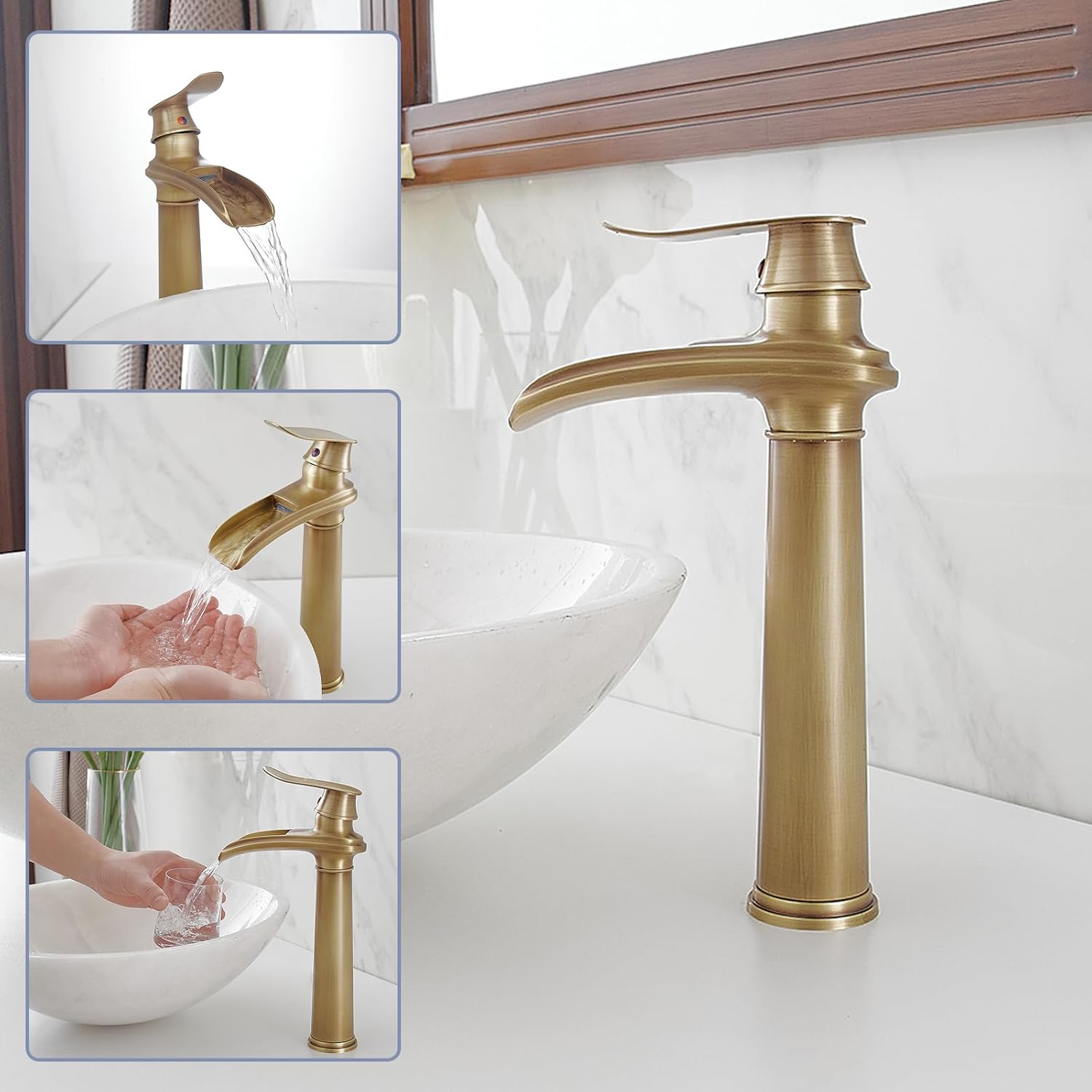 BWE Antique Brass Bathroom Vessel Sink Faucet Waterfall Spout Single Handle One Hole Solid Commercial Brass Lavatory Vanity Sink Faucet with Pop Up Drain