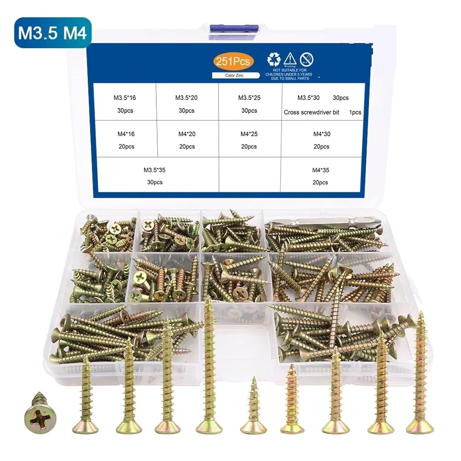 Zinc Plated Flat Head Self Tapping Wood Screws Assortment Kit 151-251Pcs