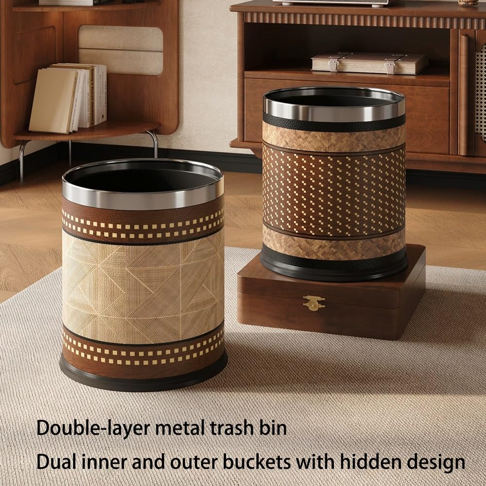 Leather Trash Can, Decorative Metal Wastebasket, Double-Layer Leather Round Garbage Bin, Compact Wastebasket for Home, Hotel, and Office Use(10L)