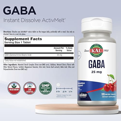 Miniatura 3 de KAL Suplemento GABA, apoyo de relajación y alivio del estrés, sabor a cereza natural ActivMelt disolución instantánea, vegetariano, garantía de