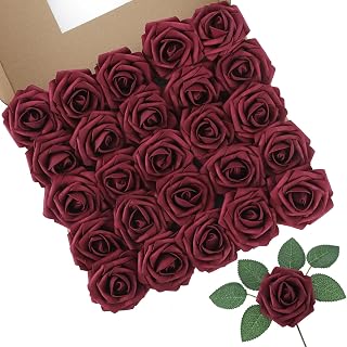 DuHouse 25Pcs Artificial Foam Roses Real Touch with Stems(Burgundy)