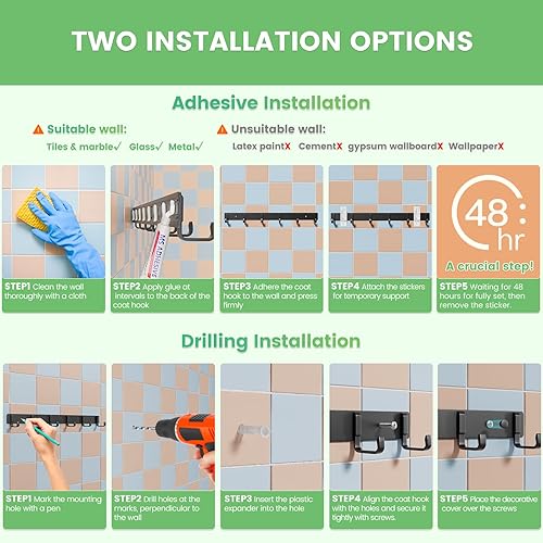 Miniatura 6 de Geobella Perchero de pared (paquete de 2) 6 ganchos colgantes para entrada, dormitorio, baño, cocina para ganchos para abrigos, instalación con