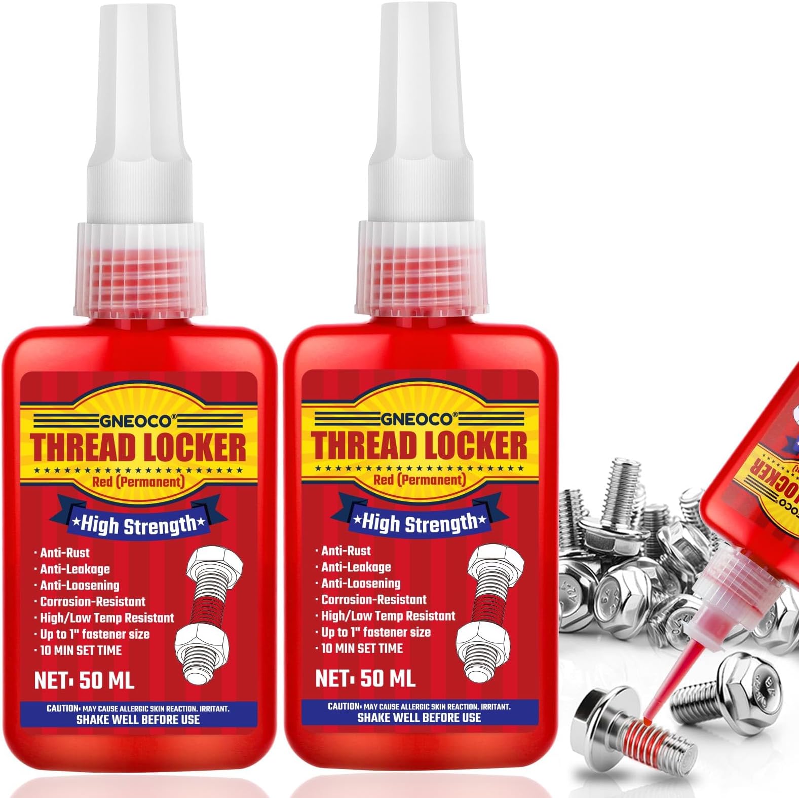 Thread Lock Red, Threadlocker High Strength, Thread Locker for Nuts, Bolts, Fasteners and Metals, Anaerobic Curing Screw Glue to Prevent Loosening (Red (Permanent) 50ml*2)