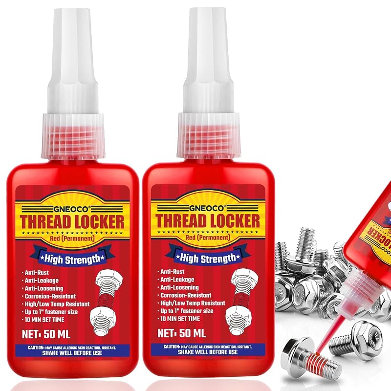 Selante de Rosca Vermelho GNEOCO de Alta Resistência para Porcas, Parafusos e Fixadores, Cura Anaeróbica, Vermelho Permanente, 2 Frascos de 50 mL