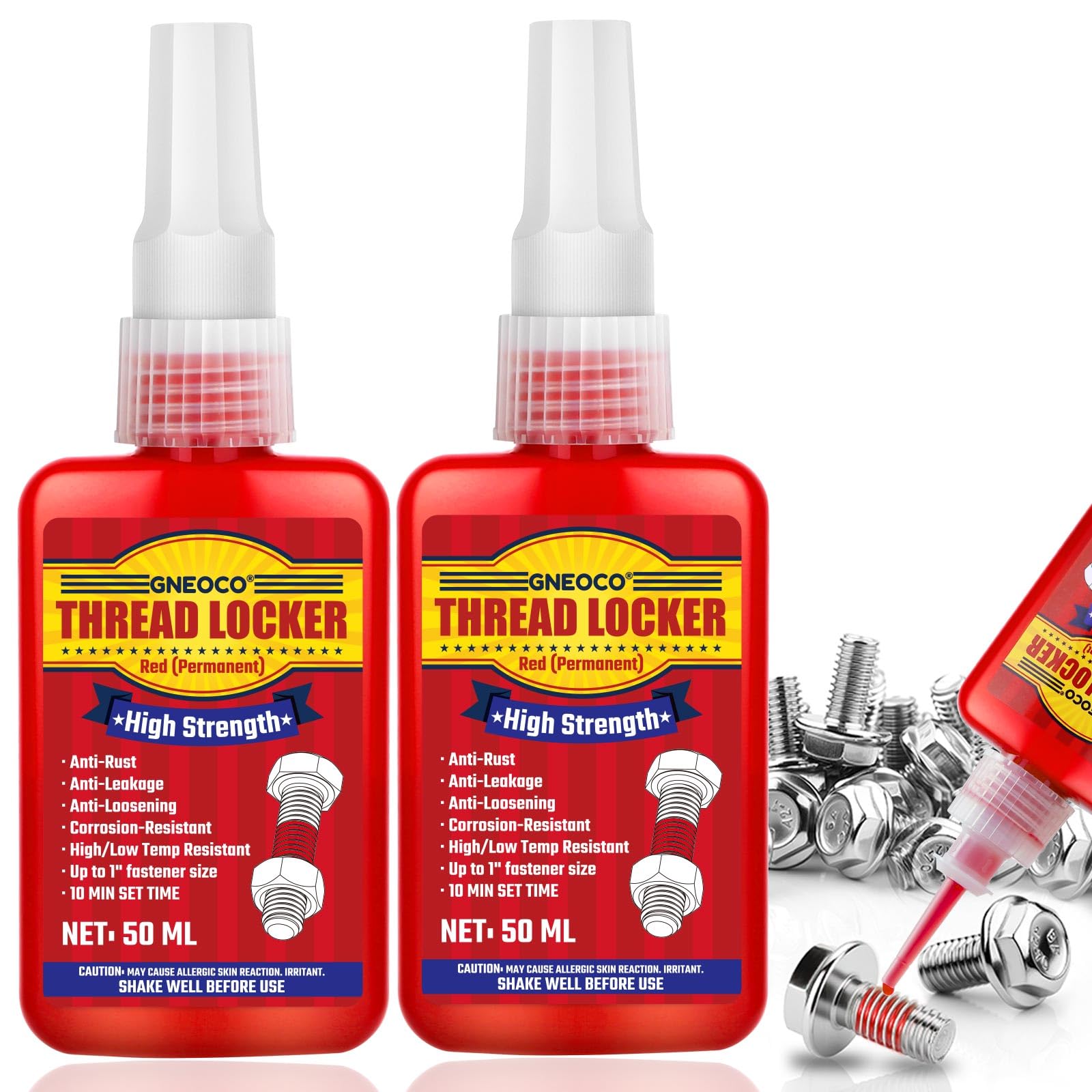 Thread Lock Red, Threadlocker High Strength, Thread Locker for Nuts, Bolts, Fasteners and Metals, Anaerobic Curing Screw Glue to Prevent Loosening (