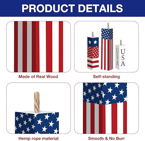 Miniatura 4 de 3 piezas de decoración de bandeja escalonada del 4 de julio decoraciones de madera para el Día de los Caídos fuegos artificiales de madera