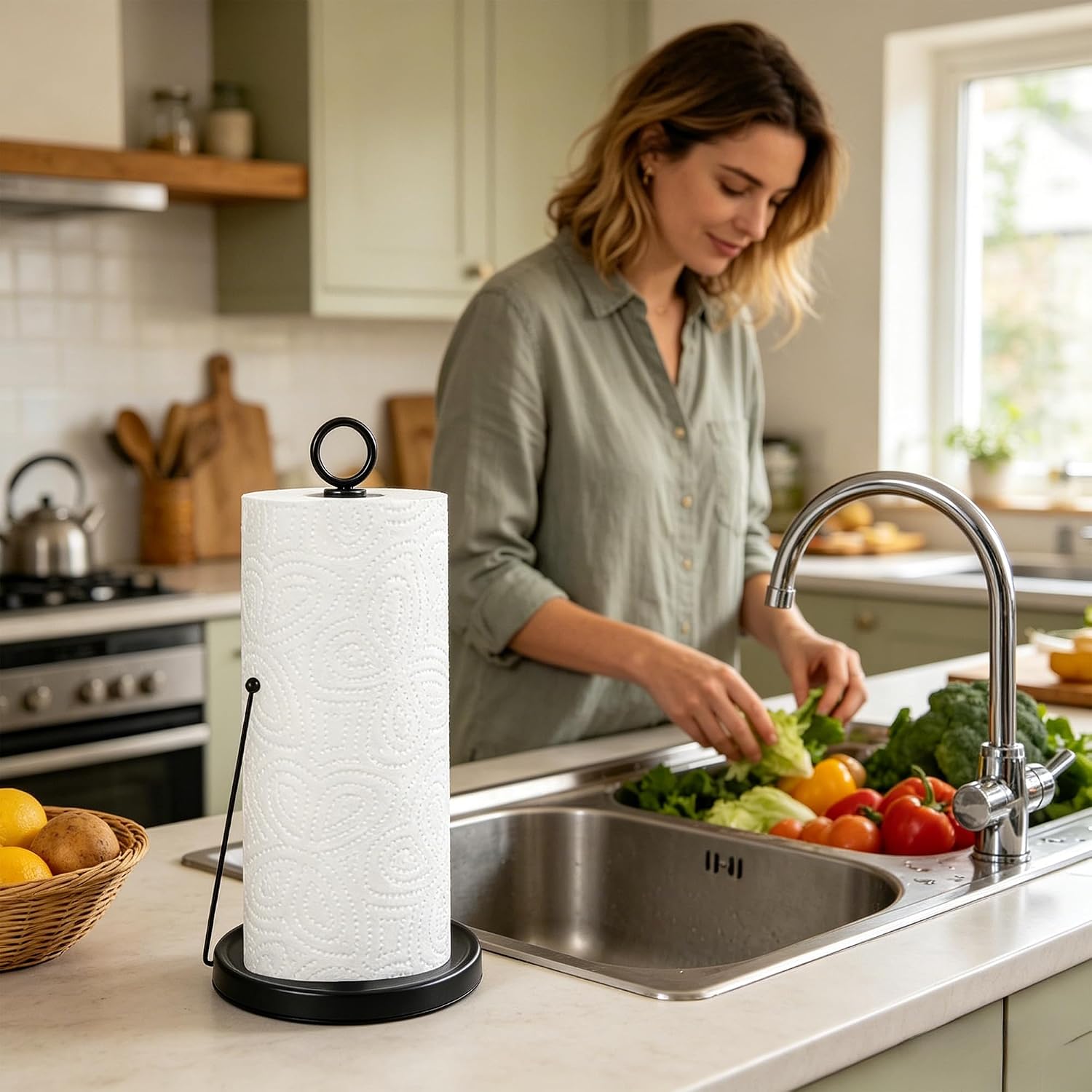 Countertop Paper Towel Holder for Kitchen–Weighted Base with Non-Slip Pads,One-Handed Tear,Smart Spring Rod Fits mega Rolls,Black Carbon Steel Suitable for Bathroom,Laundry Room