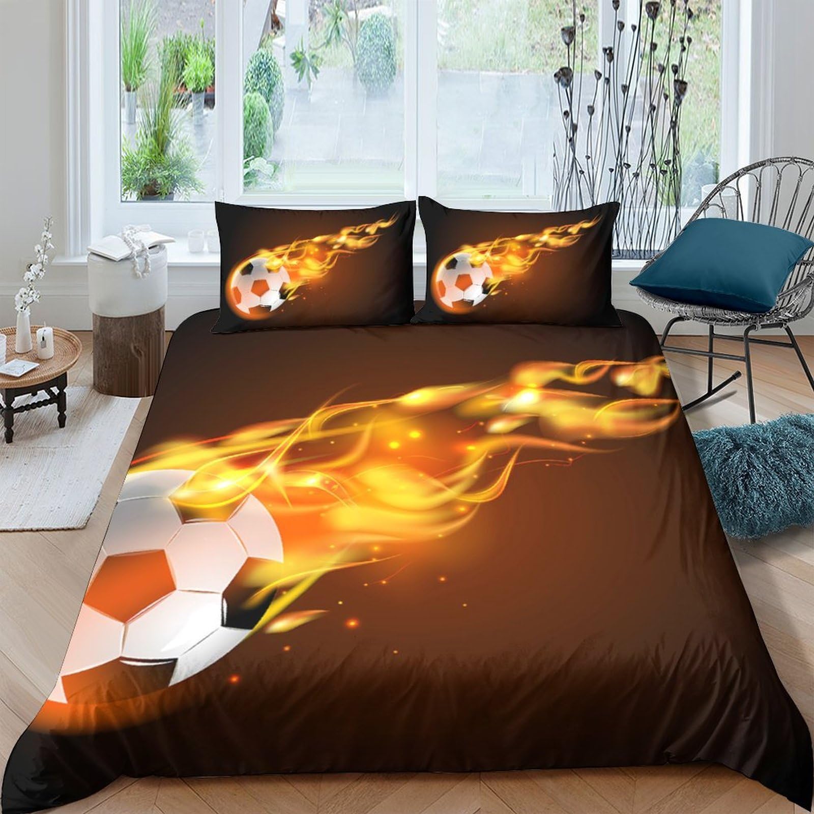 Ctjqhvkz Style-5 3D Printed Flaming Football Fitted Sheet Microfiber Soft Non-Slip Soccer Fire Bed Cover For Bedroom Home Decor Single（135X200cm）